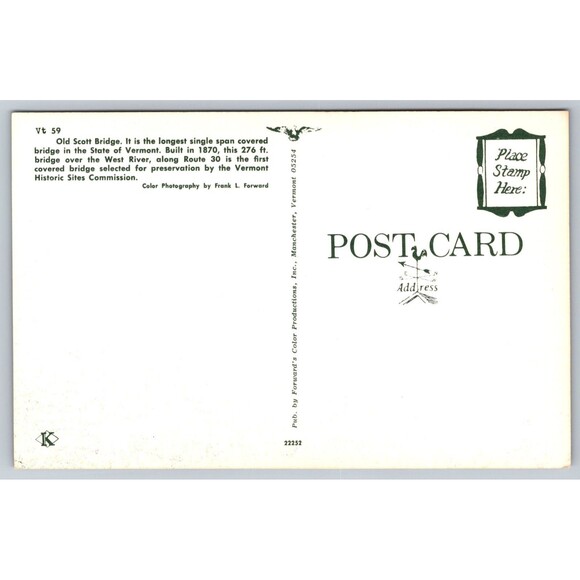 Postcard VT Old Scott Bridge Longest Single Span Covered Bridge in Vermont c1970 - Picture 2 of 2